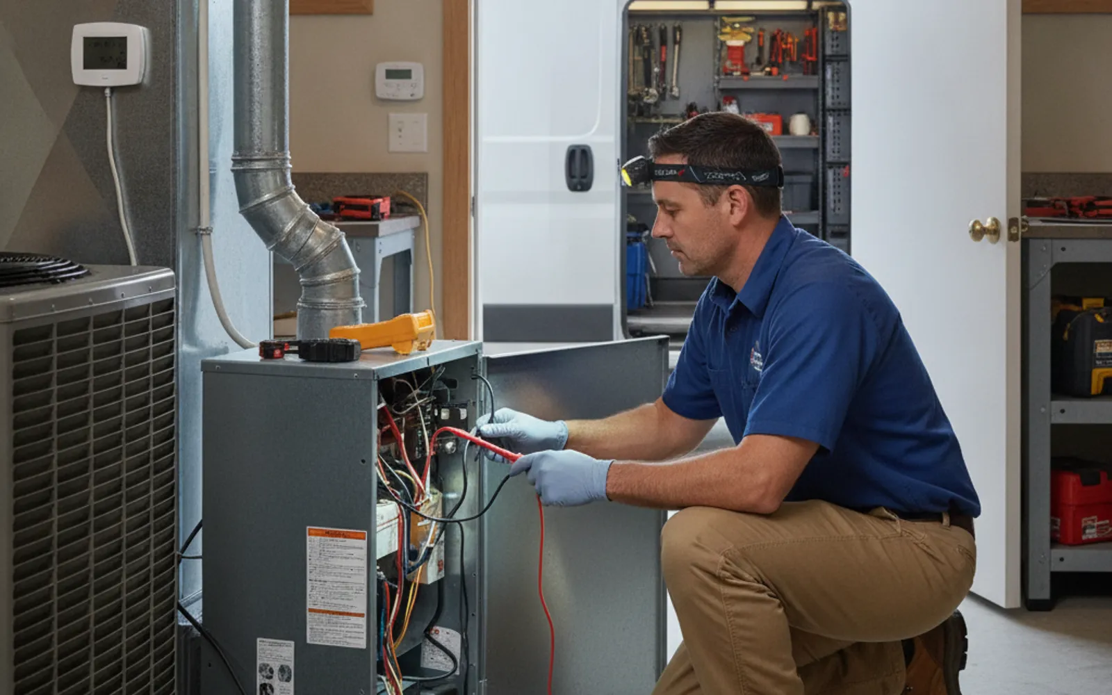 Technician diagnosing a residential HVAC air handler