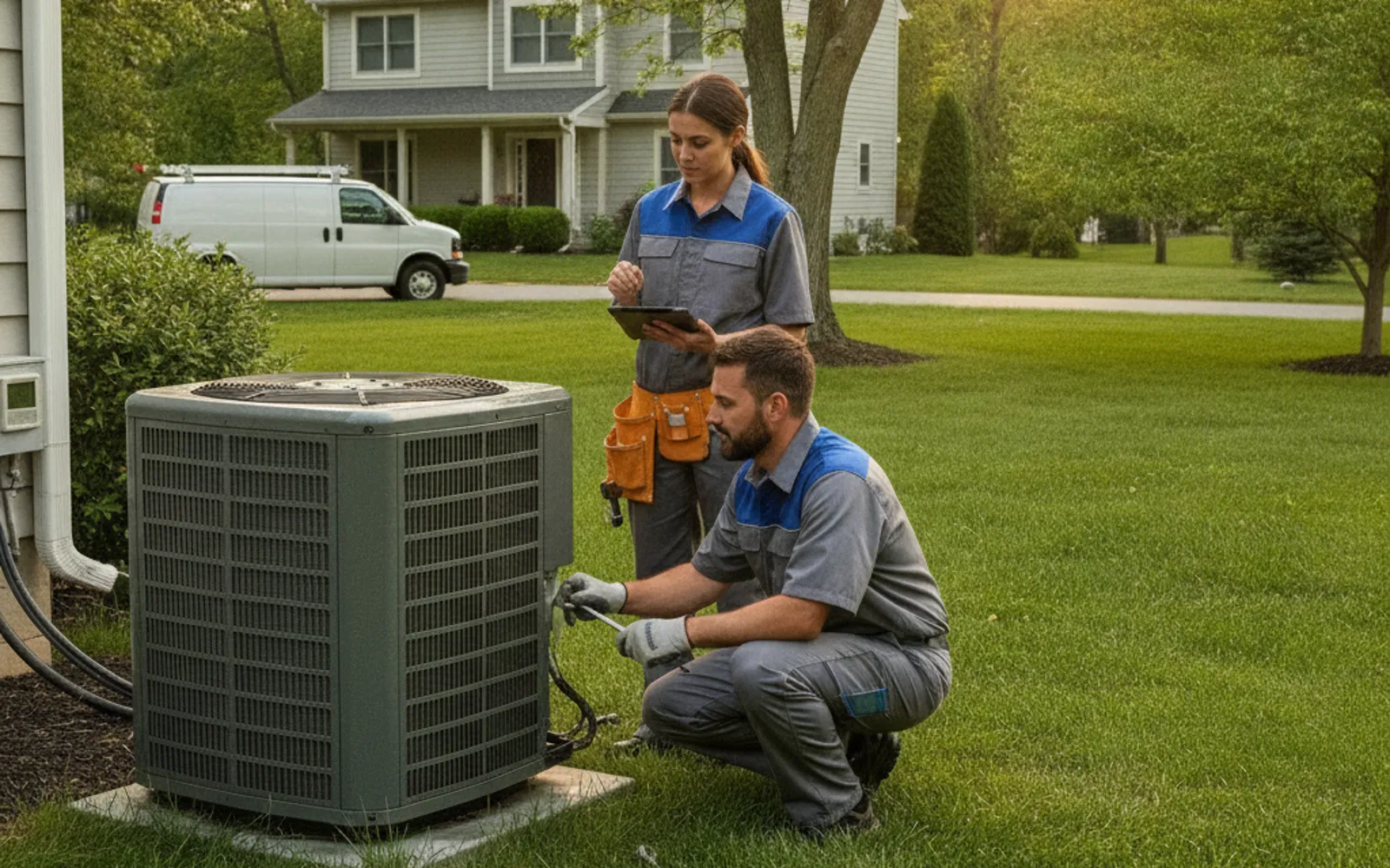 Air conditioner condenser being serviced in Fort Wayne