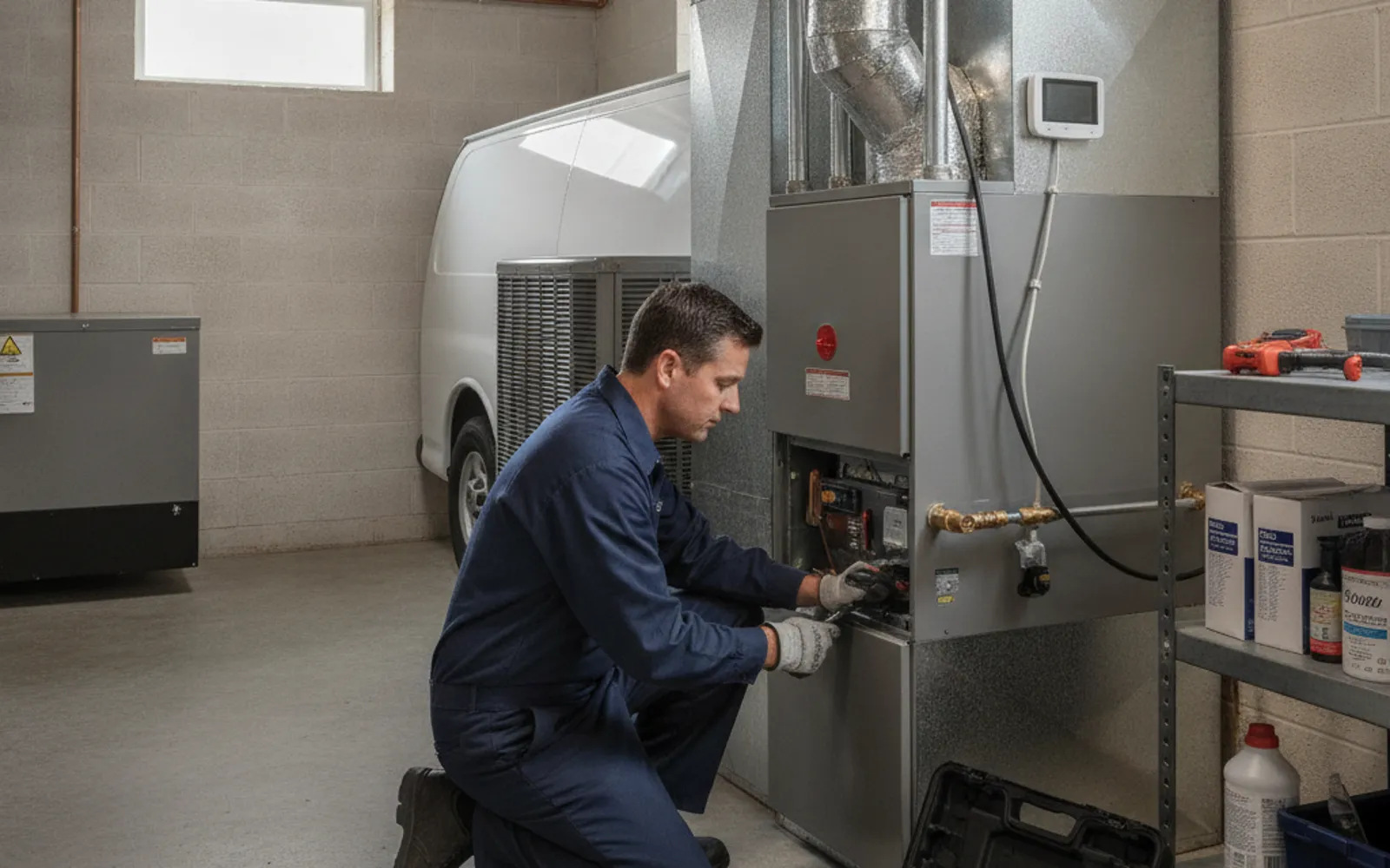 Furnace service in a utility room